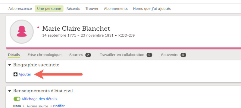 Copie d’écran d’une biographie succincte sur le site de FamilySearch