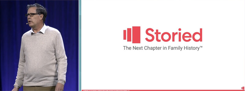 Laryn Brown, capo funzionario operativo di Storied, presenta come l’assistente di Storied può guidarti nel raccontare la tua storia. Nella sua diapositiva powerpoint c’è il logo di Storied e le parole “Il prossimo capitolo della storia familiare”.