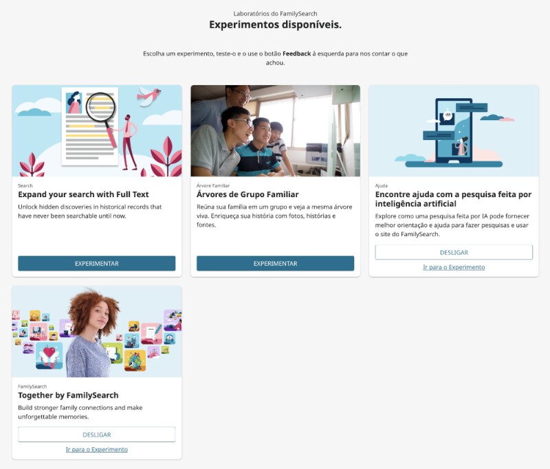 Cinco imagens com descrições de experimentos no FamilySearch Labs