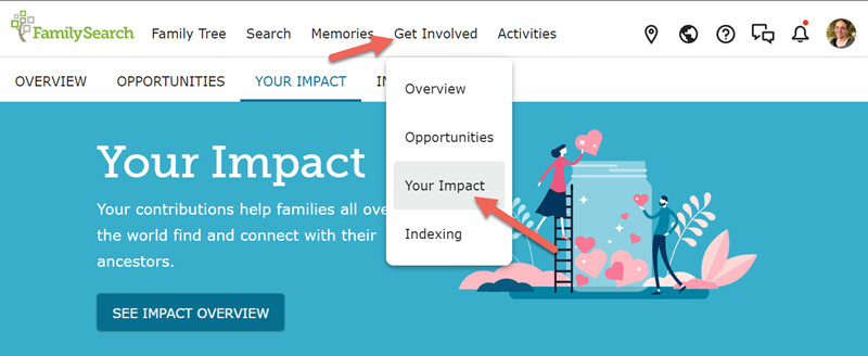 Screenshot showing how to get to the new Your Impact page using the FamilySearch.org main navigation.