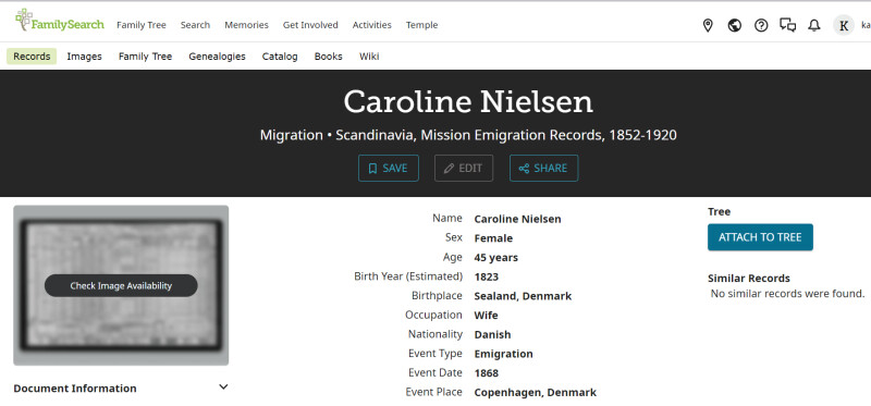 Screenshot of Caroline Nielsen's information in the Scandinavian Mission emigration records.