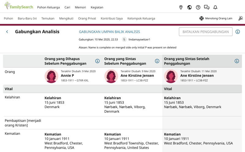 Tangkapan layar dari tampilan analisis penggabungan di FamilySearch.org.