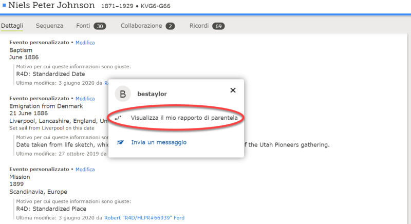 Screenshot che mostra la richiesta di visualizzare il pulsante rapporto di parentela su FamilySearch.