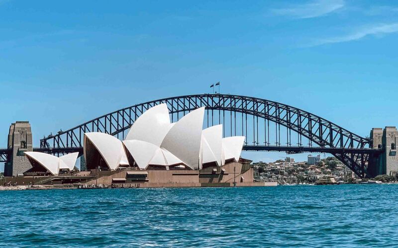Operahuset i Sydney med Harbour Bridge i bakgrunnen.