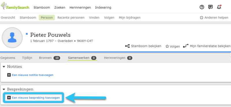 Een screenshot met pijlen laat zien hoe u een nieuwe bespreking toevoegt.