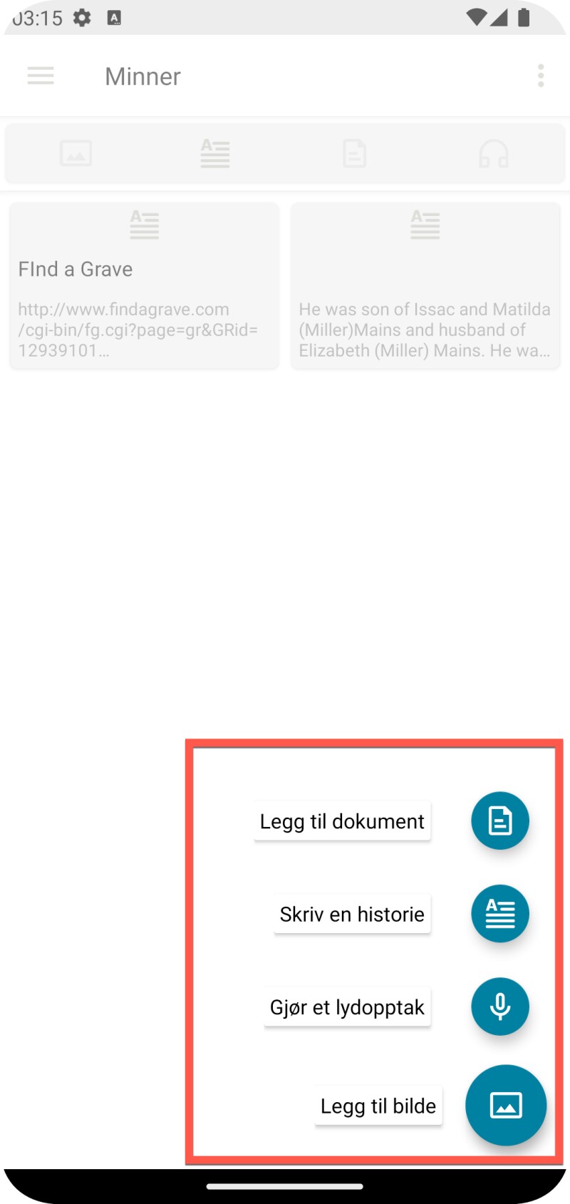 Skjermbilde av Minner-appen som viser hvordan man legger til et foto.