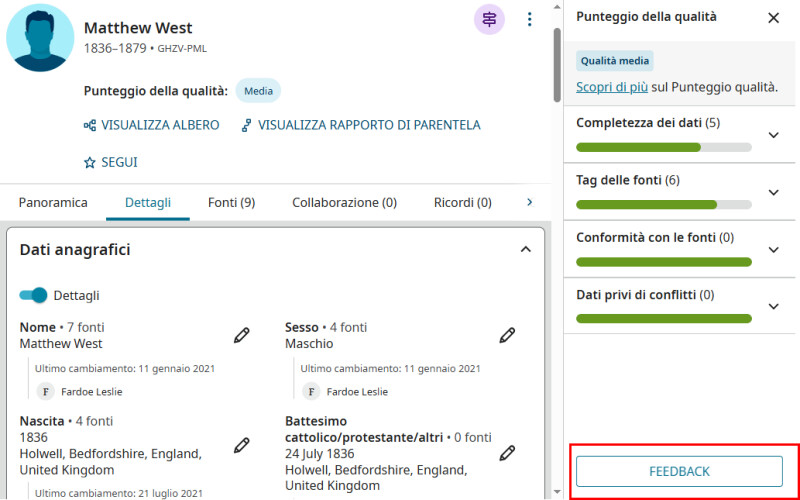 Screenshot di una pagina Persona su FamilySearch.org che mostra che puoi fornire un feedback sul punteggio della qualità dei dati