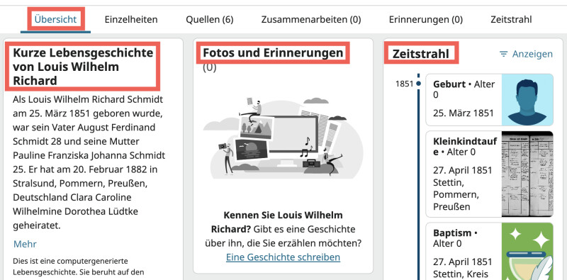 Ein Screenshot der Registerkarte „Übersicht“ auf der Personenseite von Louis Wilhelm Richard Schmidt.