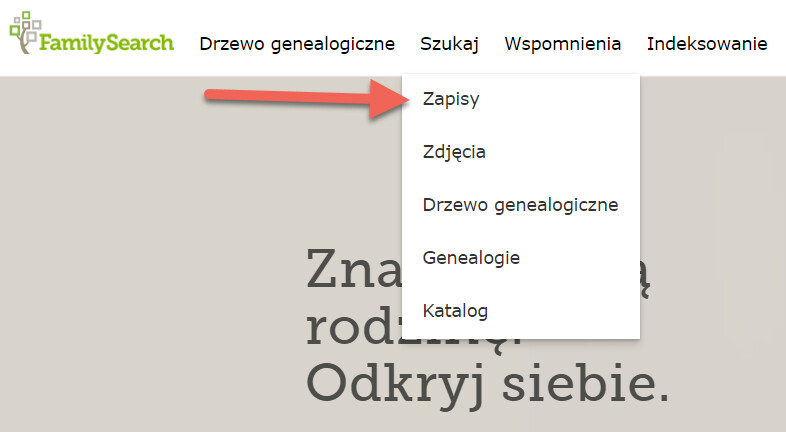 Zrzut ekranu z rozwijanym menu wyszukiwania zapisów na stronie głównej FamilySearch.