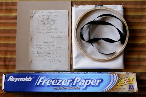 Materials for family recipe wall hanging