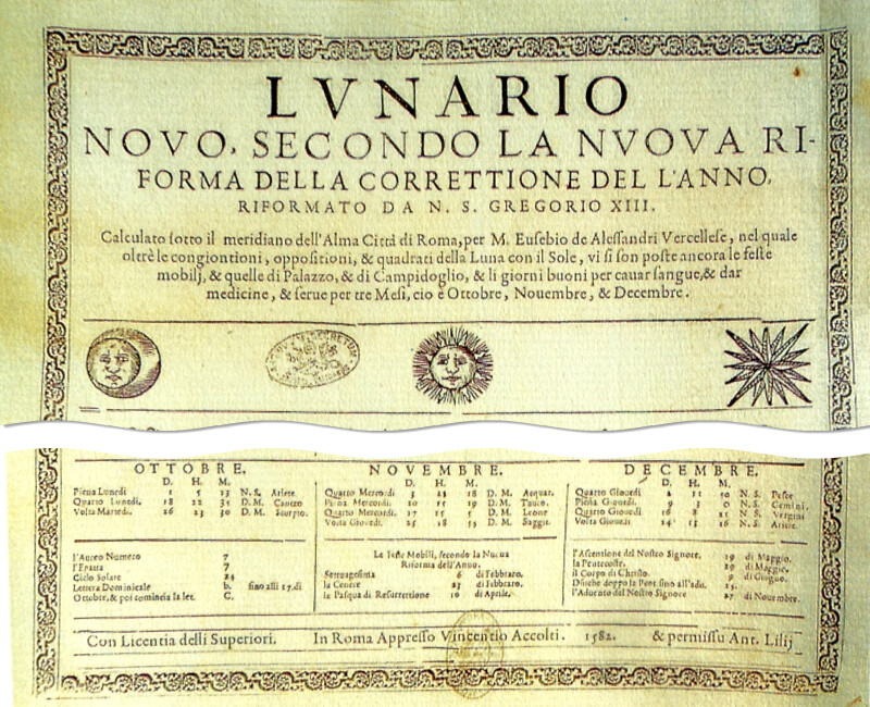 A yellowed document with a decorative border. One of the earliest printed versions of the Gregorian calendar. Document also shows a sun, moon, and star.