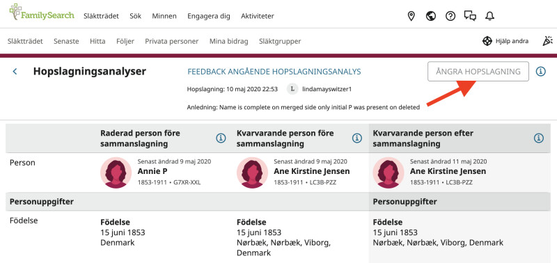 Skärmdump av knappen Ångra hopslagning i vyn Hopslagningsanalys.