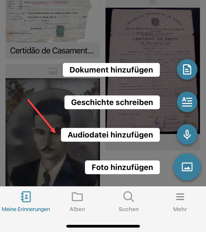 Screenshot der FamilySearch-App <i>Erinnerungen</i>, auf dem gezeigt wird, wie man eine Audioaufnahme hinzufügt