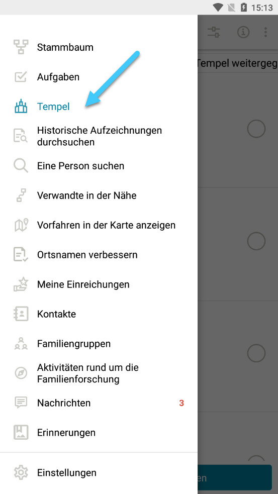 Screenshot of how to get to the temple menu on the Family Tree App in German.