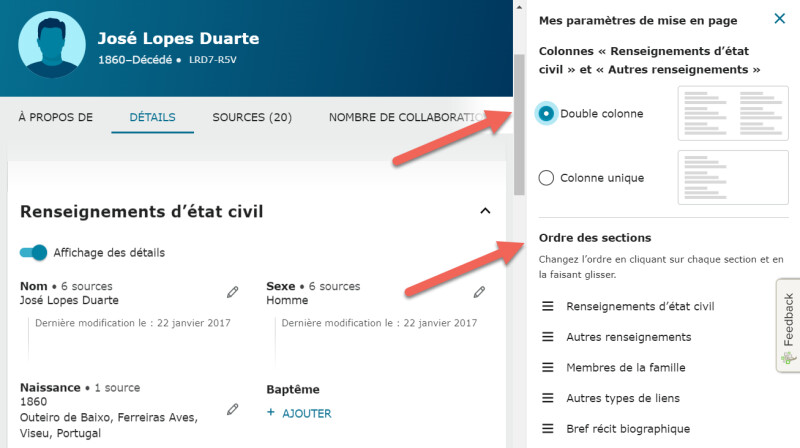 Copie d’écran des paramètres de mise en page de l’onglet Détails de la nouvelle page sur FamilySearch.org.