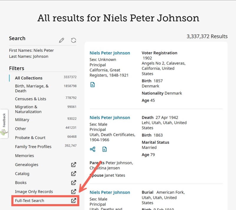 Screenshot of the All-Collections Search on FamilySearch.org with a red arrow showing the Full-Text Search option on the left sidebar.