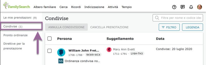 Qui si può visualizzare l’elenco delle prenotazioni condivise con il tempio su FamilySearch.org.