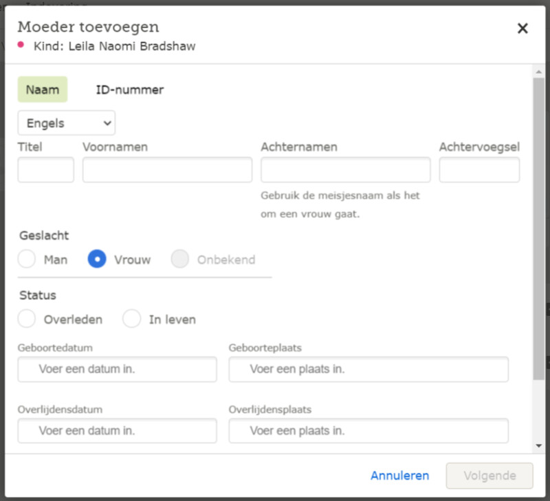 het venster ‘Moeder toevoegen’ dat verschijnt wanneer u in de stamboom op ‘Moeder toevoegen’ klikt.