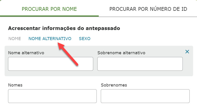 Captura de tela mostrando onde colocar um nome alternativo em uma pesquisa em Encontrar na Árvore Familiar.