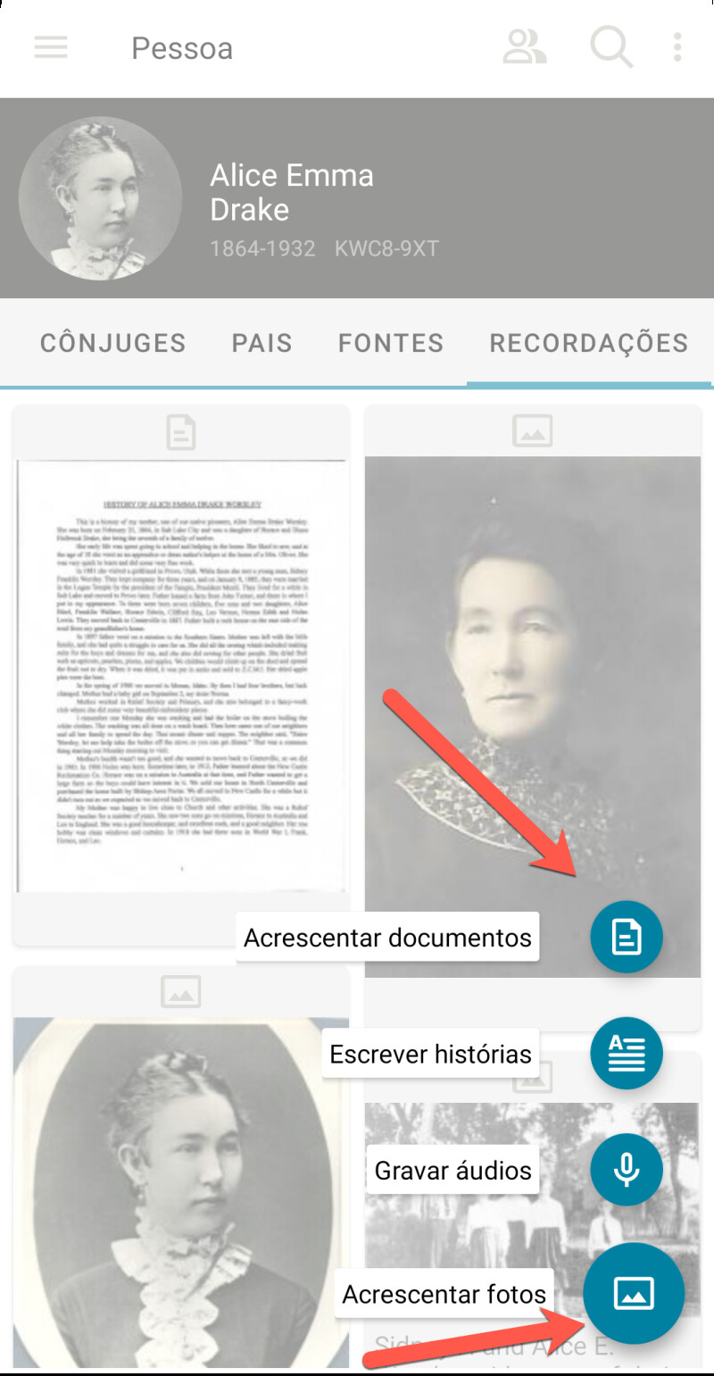 Captura de tela do aplicativo móvel do FamilySearch mostrando como armazenar fotos.