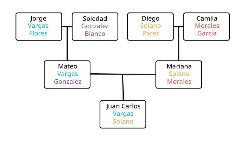 A family tree showing how last names are inherited in Costa Rica