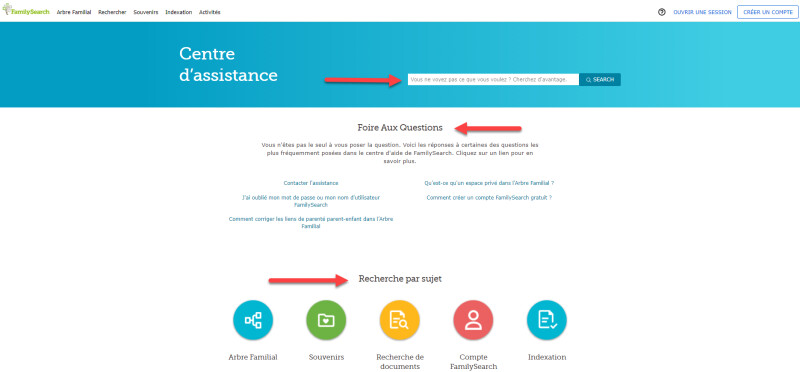 la page principale du Centre d'aide de FamilySearch