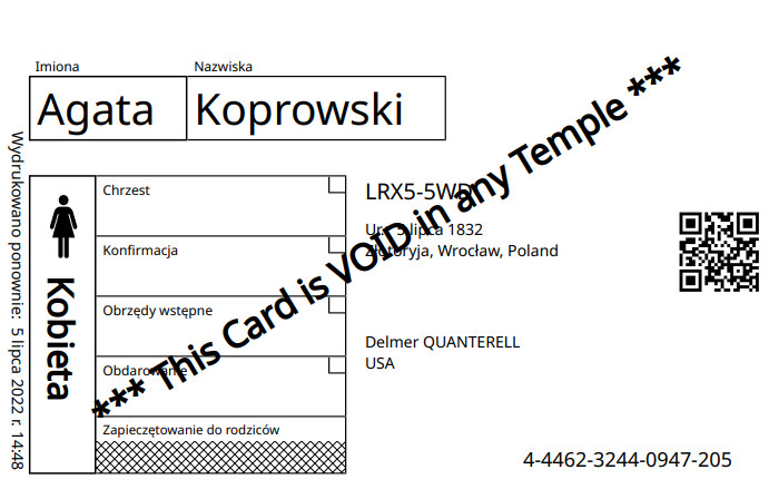 Przykład nowej karty imiennej członka rodziny z kodem QR.