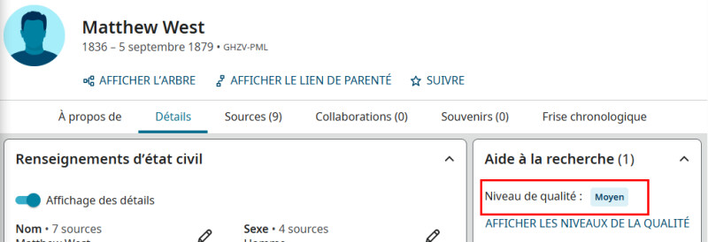 Capture d'écran d'une page de profil de FamilySearch montrant le score de qualité des données