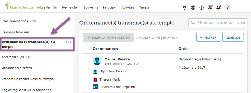 Affichage de la liste des réservations transmises au temple sur le site FamilySearch.org.