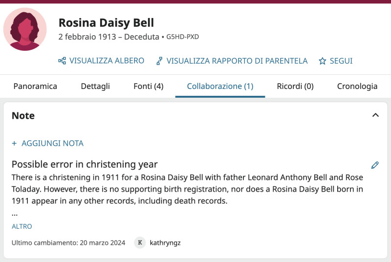Screenshot della pagina di collaborazione per un profilo su FamilySearch. Una nota parla di un possibile errore nell'anno del battesimo.