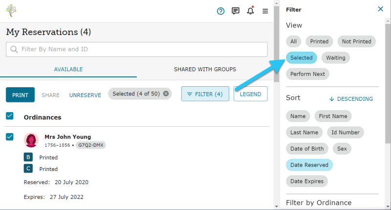 Screenshot of temple reservation filter for selected reservation rows.