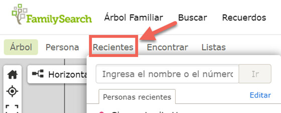Captura de pantalla de la función Recientes en Árbol Familiar.