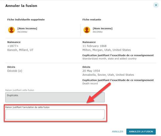 Copie d’écran de la case « Raison de la fusion ».