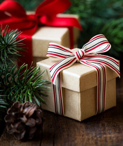 Brown paper wrapped Christmas presents.