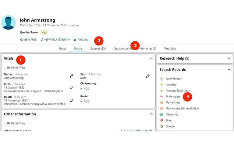 Screen capture of a profile page in FamilySearch Family Tree for John Armstrong