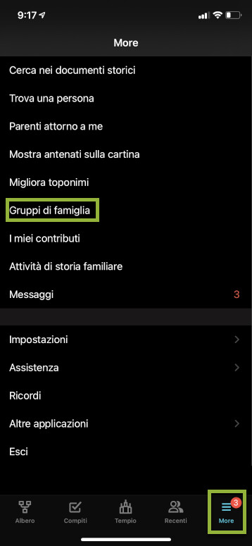 In basso a destra dello schermo, toccate Altro e quindi Gruppi di famiglia per accedere alla funzionalità gruppi di famiglia sull'app mobile iOS.