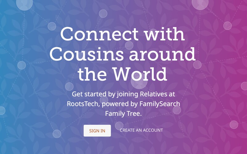 The signed-out version of the Relatives at RootsTech activity landing page on FamilySearch.org