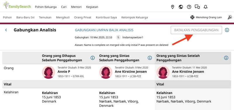 Tangkapan layar tombol Batalkan Penggabungan dalam tampilan Analisis Penggabungan.