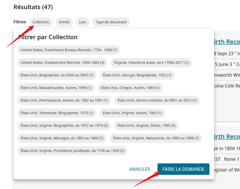 Filtrez les résultats de la recherche en texte intégral par collection, année, lieu ou type de document.