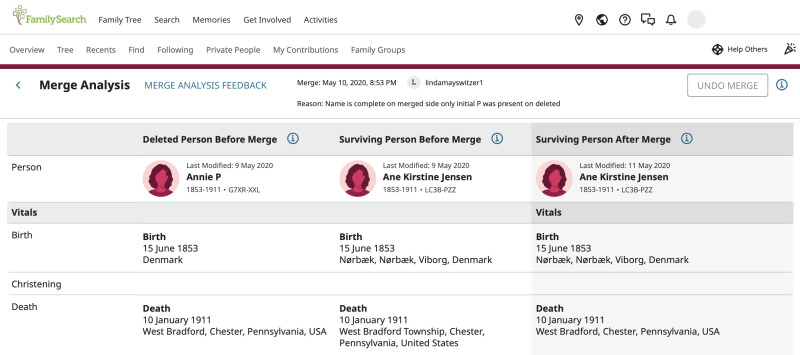 Screenshot of the merge analysis view on FamilySearch.org.