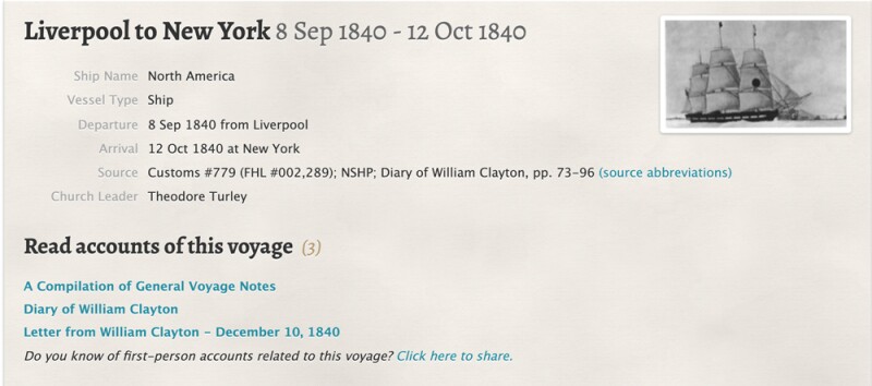 A screenshot mormon pioneer immigrant ship information