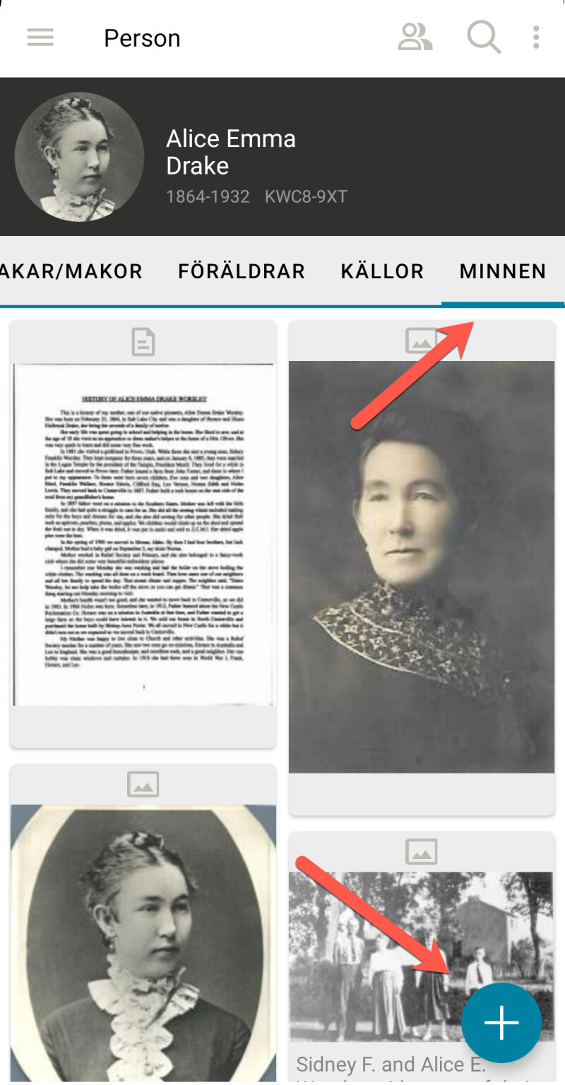 Skärmbild av mobilappen FamilySearch som visar hur man lägger till ett foto.