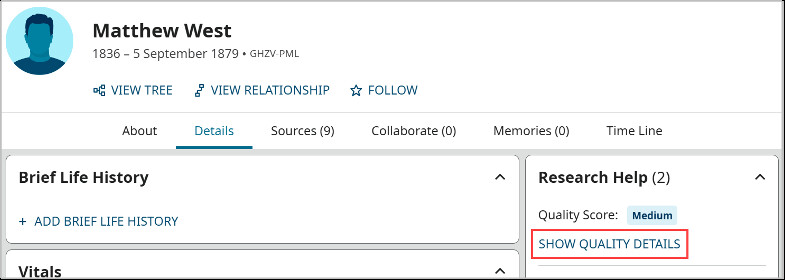 A screenshot from FamilySearch showing how to use the data quality score