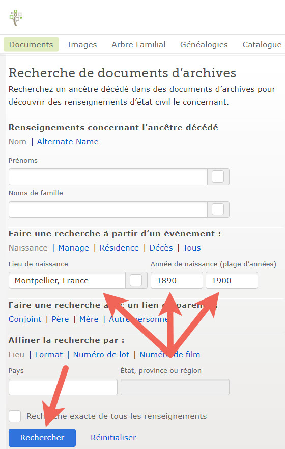 Capture d’écran de recherche à partir du lieu et de l'année d'un événement.