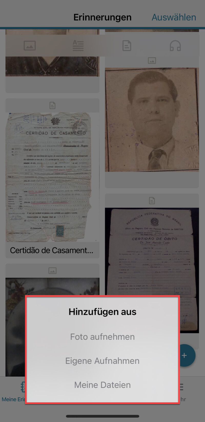 Screenshot der App <i>Erinnerungen</i>, auf dem gezeigt wird, wie man ein Foto hinzufügt