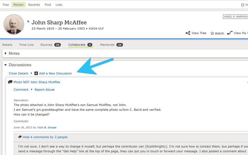 A screenshot with arrows showing how to add a new discussion.