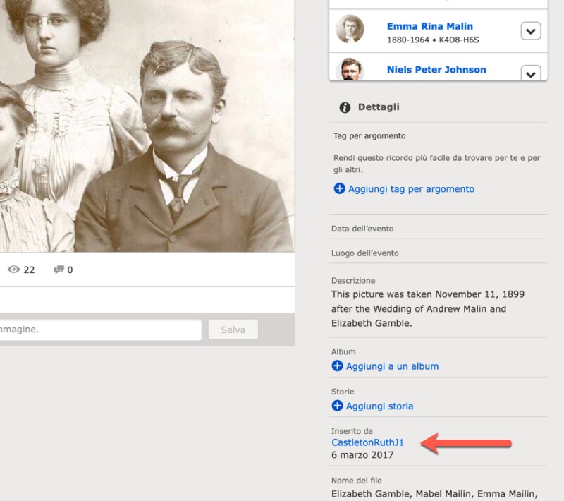Schermata dei dettagli di una foto o di una storia in Ricordi in FamilySearch. Una freccia aggiunta indica il nome dell'account del collaboratore e la data del contributo.