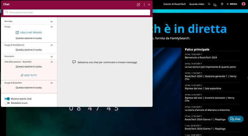 Funzione della chat di RootsTech.org.