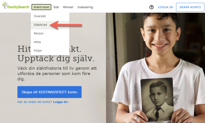 Skärmbild av FamilySearch navigeringsmeny.