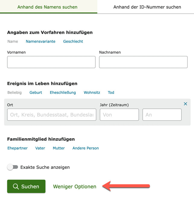 Das gesamte Suchfeld in der Suchfunktion des Familienstammbaums von FamilySearch